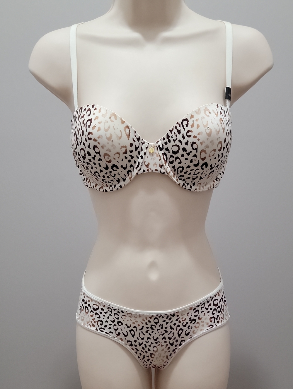 Vtg VS Leopard Rhinestone Showstopper Strapless Bra 32D Hiphugger Panty Set S